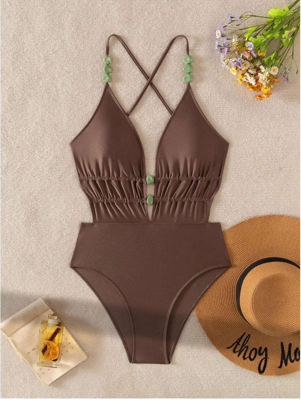 One Piece Swimsuit Criss Cross Backless Beaded Deep V Neck Plunge 1395/bb7-1